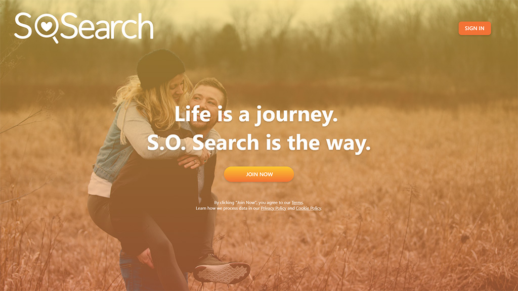 S.O.Search logo with Join now button with the background of man carrying a woman.