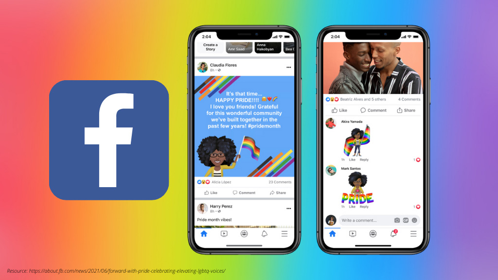 Facebook icon and two mobile phones with one screen showing the new Pride post background and the other one shows some Pride stickers.