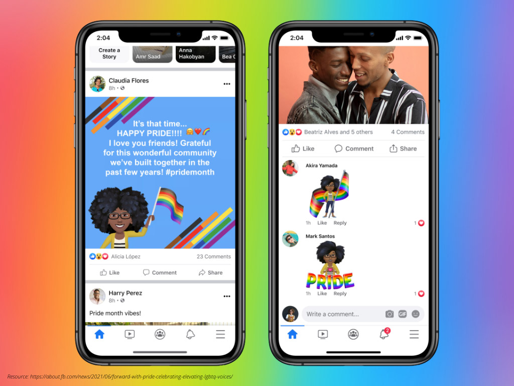 Two mobile phones with one screen showing the Pride post background and the other showing the Pride stickers.