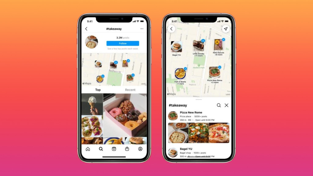 Two mobile phones screen showing Instagram’s new Map Search feature