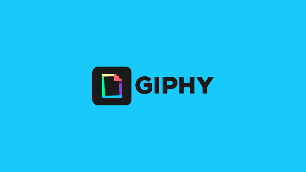 GIPHY logo and typography in the middle of a blue screen.