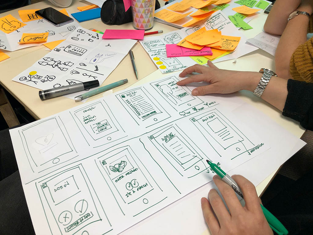 A team working on a story board using blank piece of paper and colored pens | Choose a team of experienced graphic designers